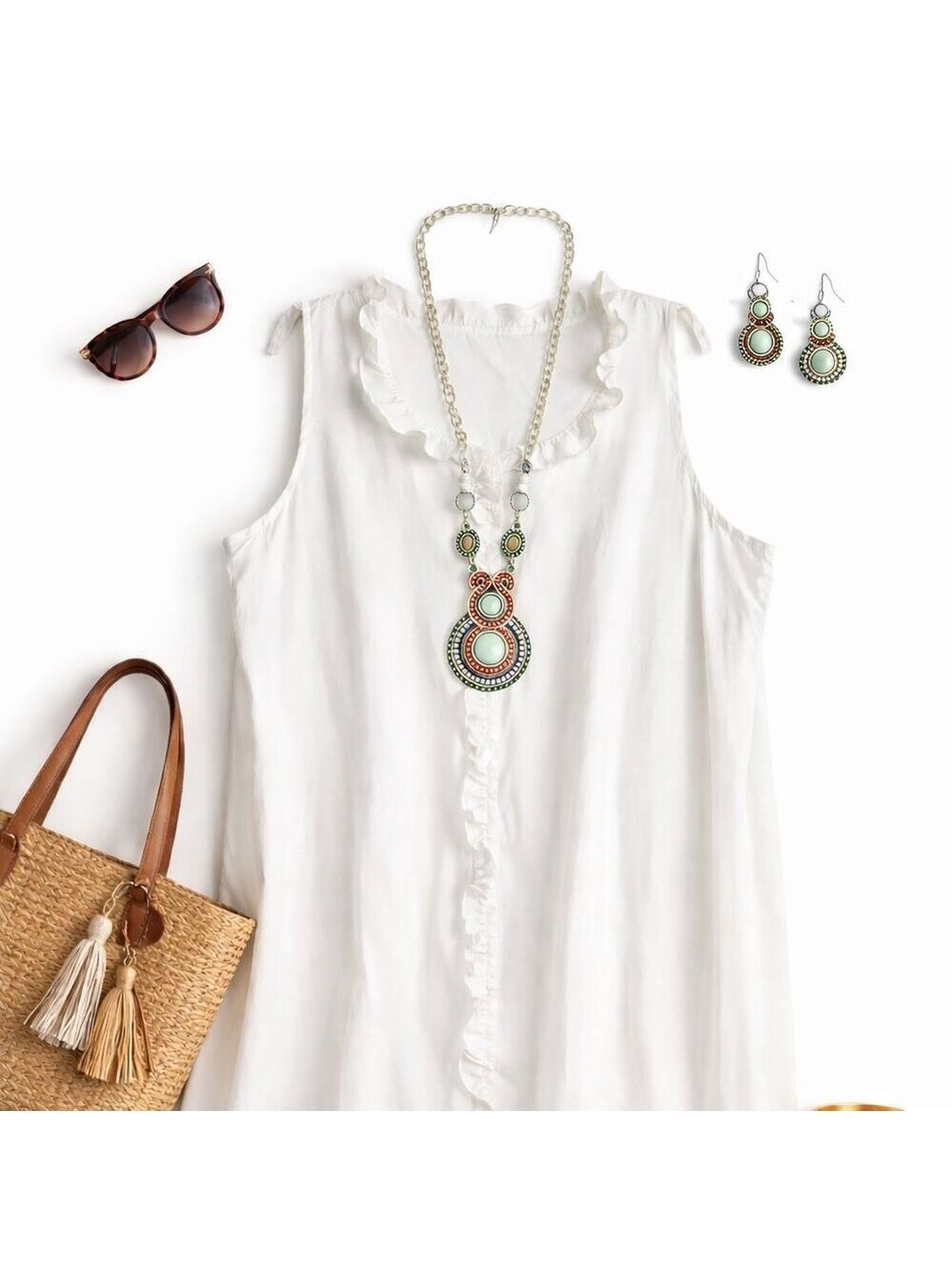 Women's Plus Size|🆕 Summer White Dress with Ruffled Collar |  RJ0503L